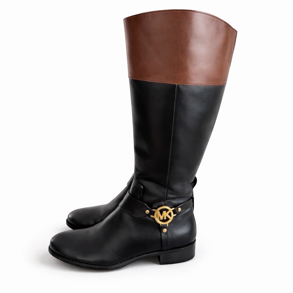 Michael Kors Leather Riding Knee High Boots Gold Logo 10